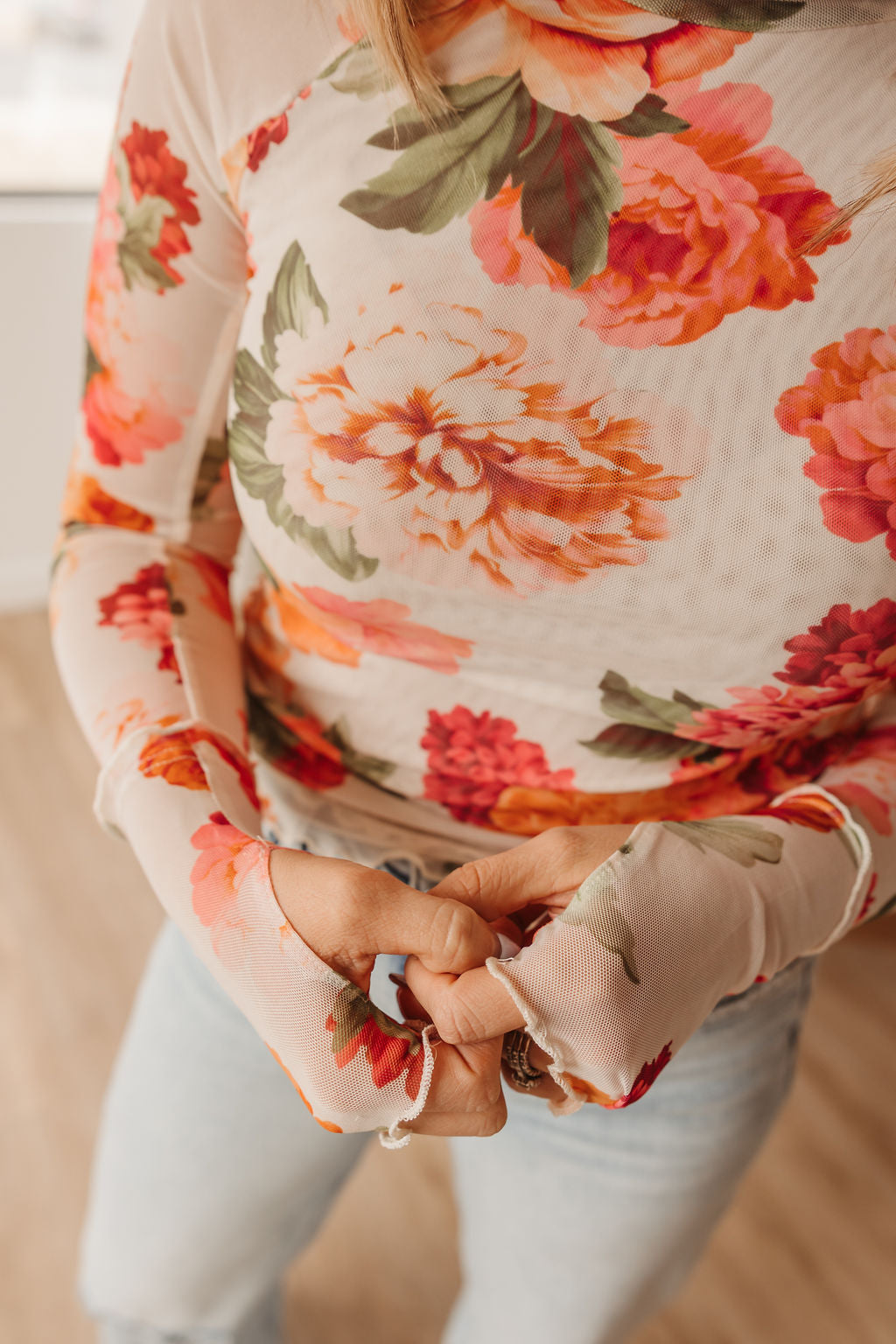 Floral Print Mesh Top