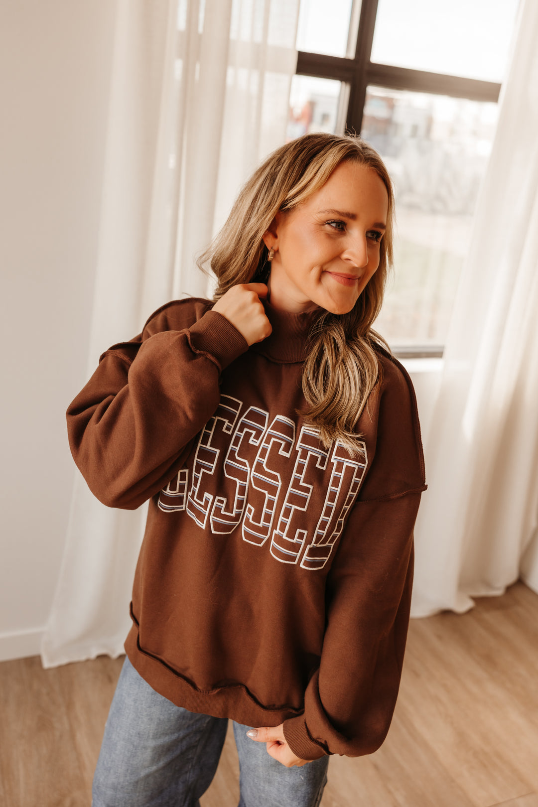Brown Blessed Mock Neck Sweatshirt