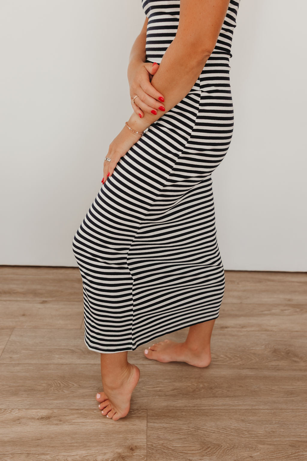 Navy-White Striped Midi Dress