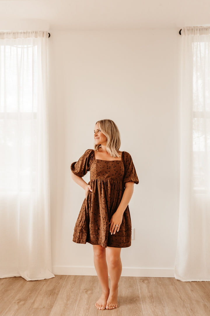 Mocha Floral Corduroy Babydoll Dress