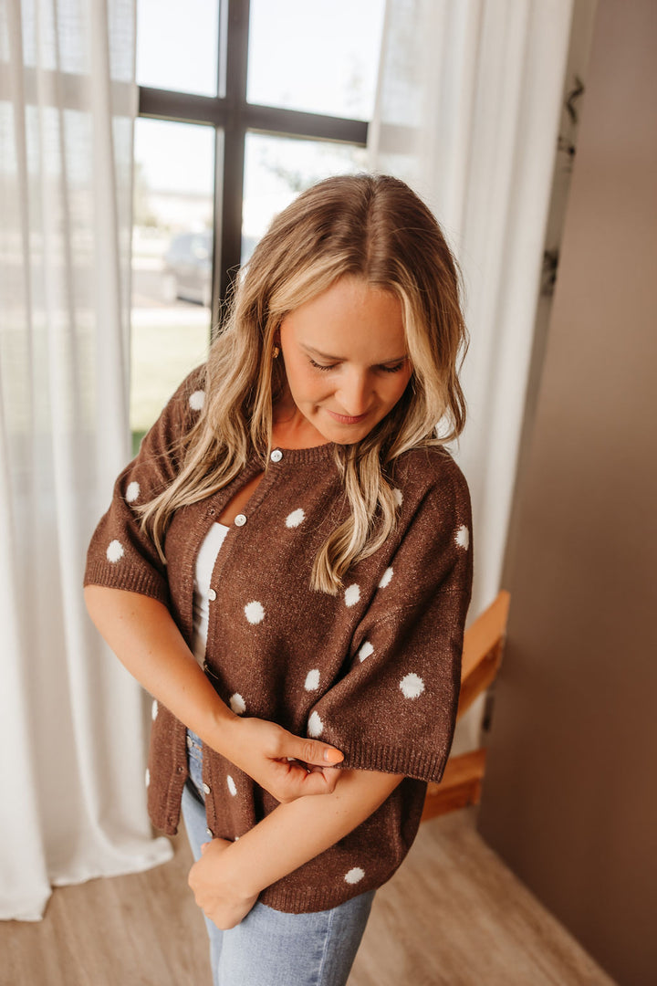 S/S Crew Neck Polka Dot Cardigan