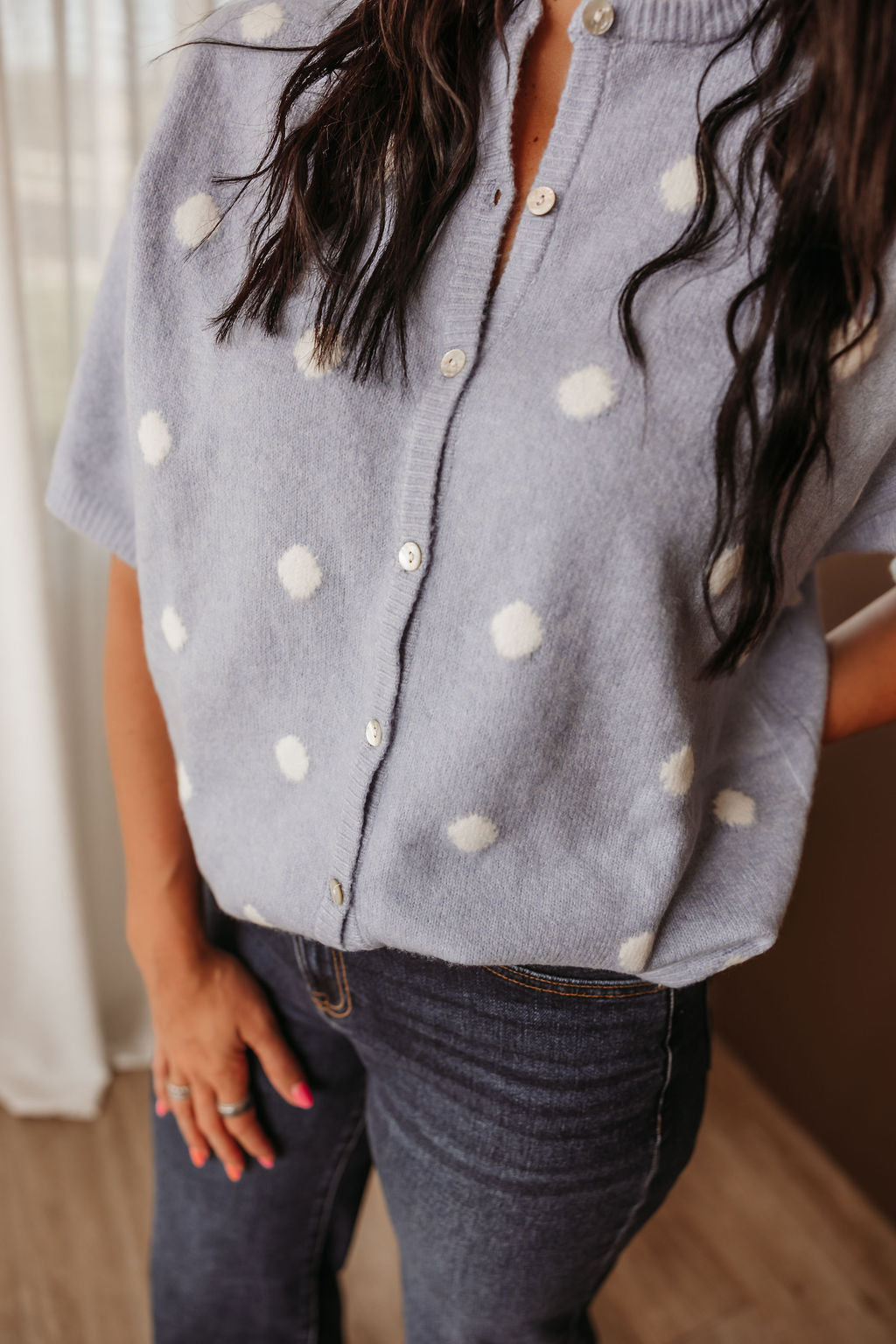 S/S Crew Neck Polka Dot Cardigan