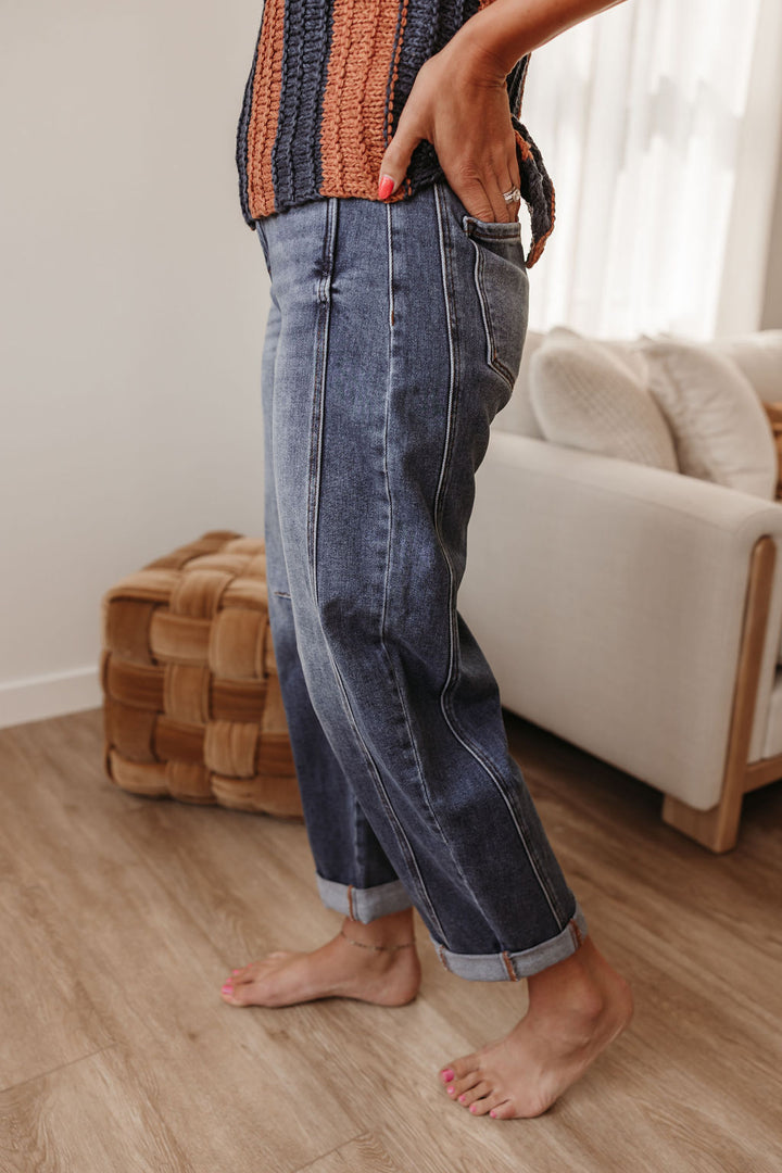 Risen Crop Barrel Cuffed Jeans