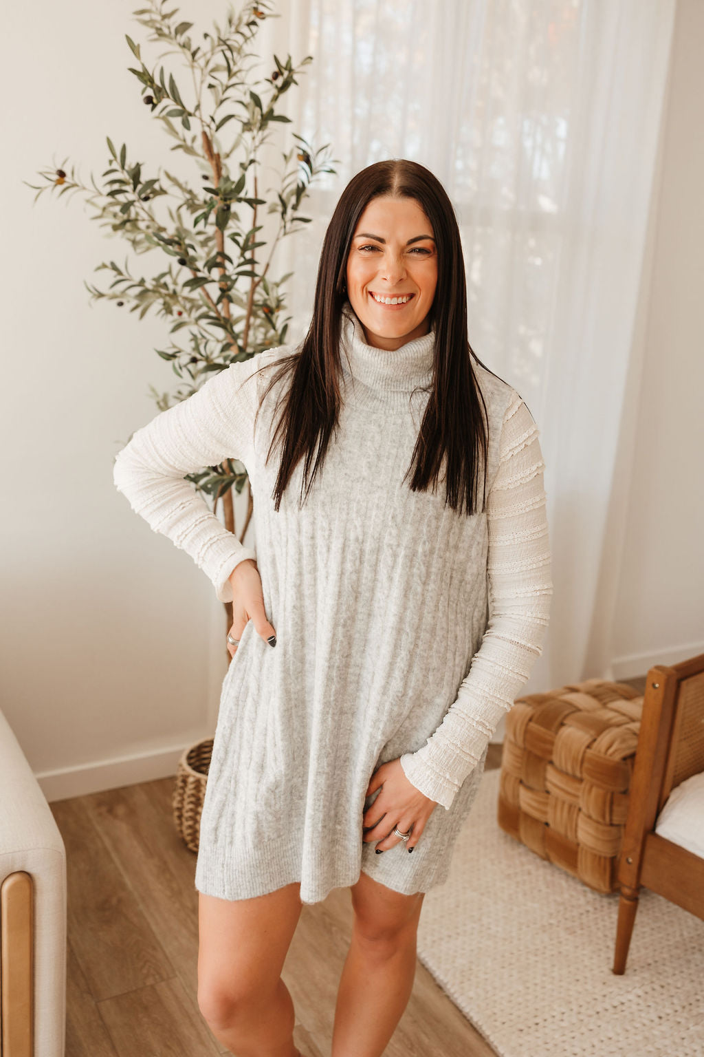 Cable Knit Turtleneck Sweater Dress