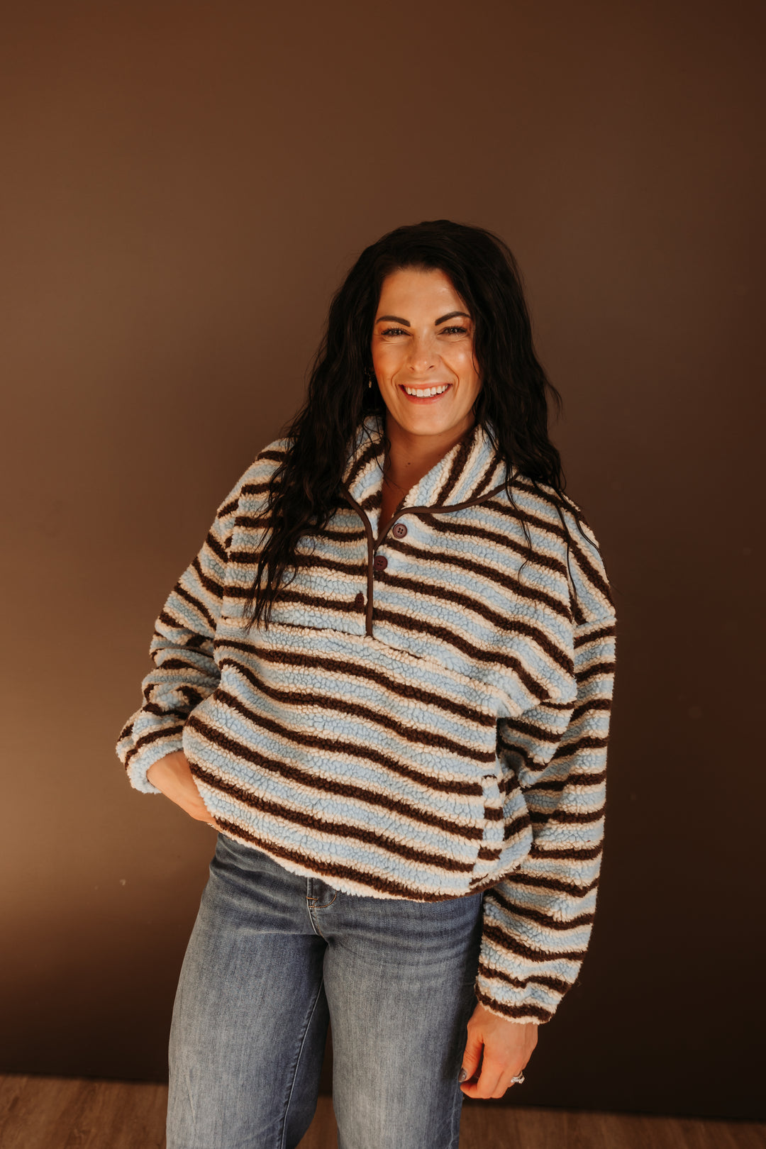 Collared Button Neck Oversized Fleece Pullover