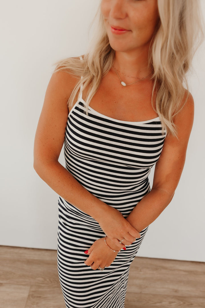 Navy-White Striped Midi Dress