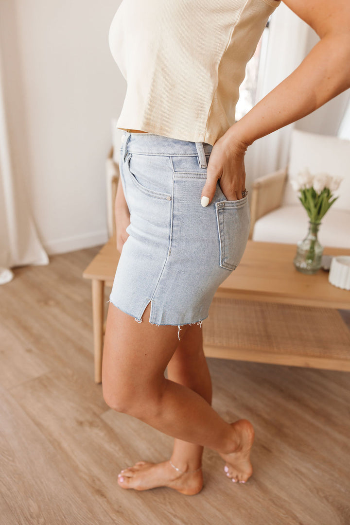High Rise Raw Cut Hem Side Slit Shorts