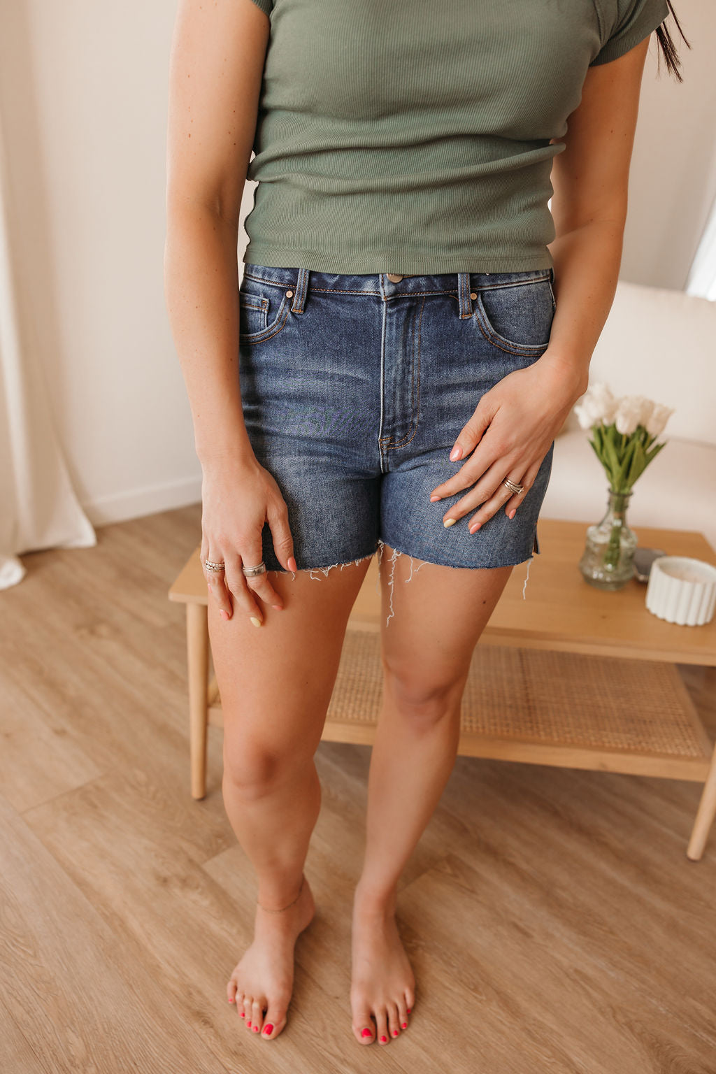 High Rise Raw Cut Hem Side Slit Shorts