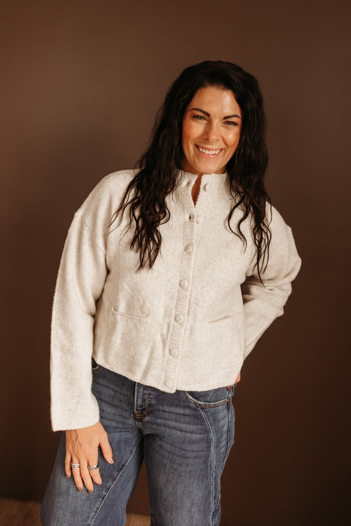 Mock Neck Front Pocket Cardigan