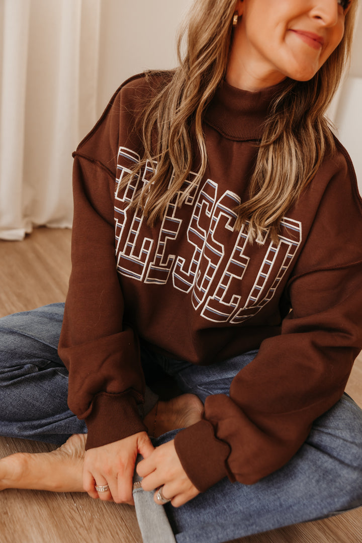 Brown Blessed Mock Neck Sweatshirt