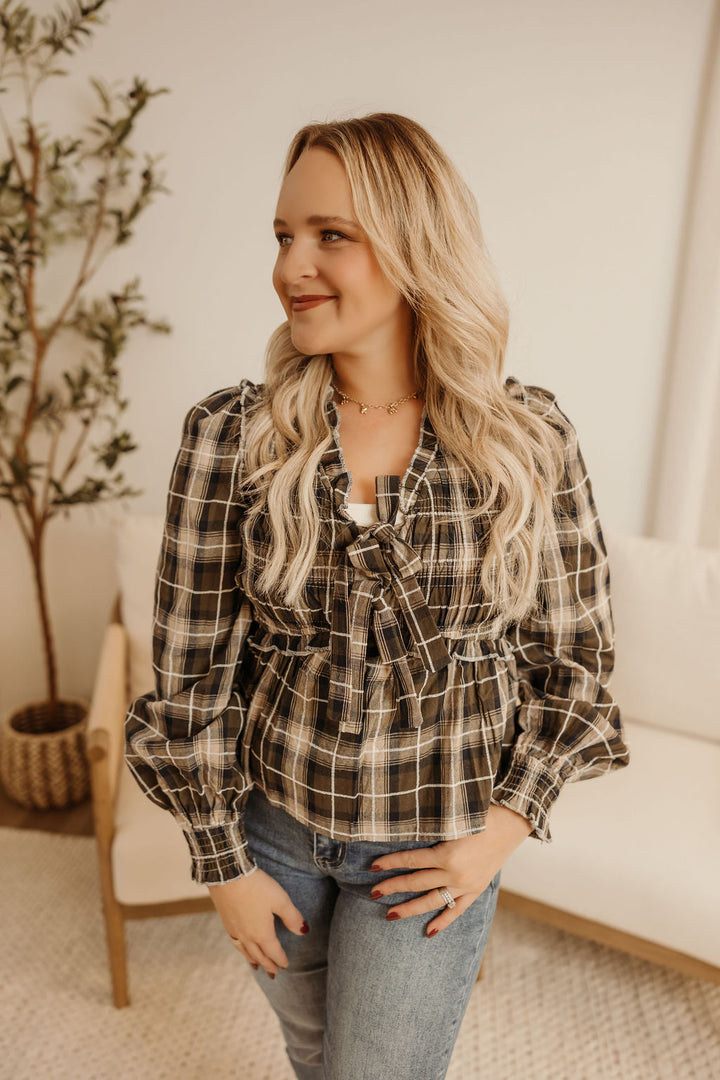 Plaid Front Tie Blouse