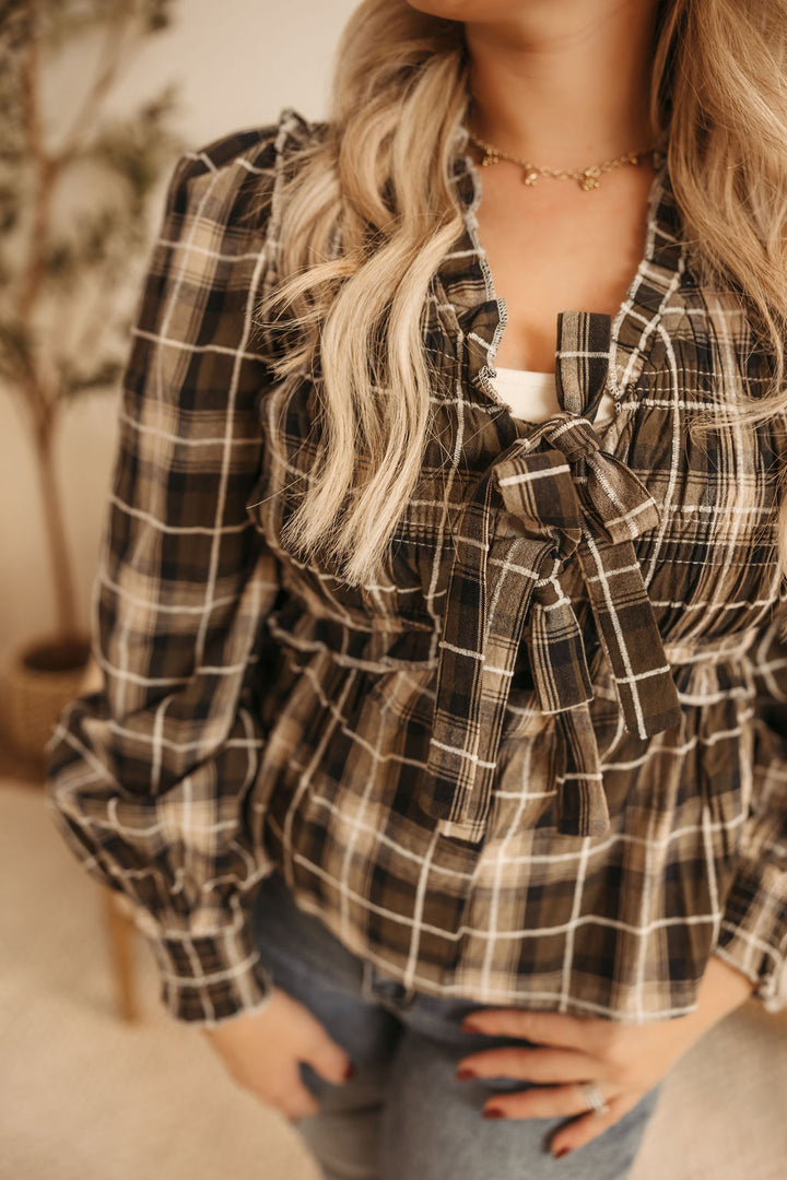 Plaid Front Tie Blouse