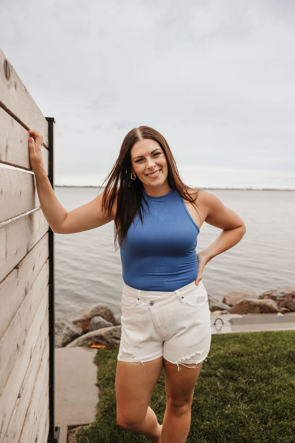 Blue Sleeveless Ribbed Bodysuit