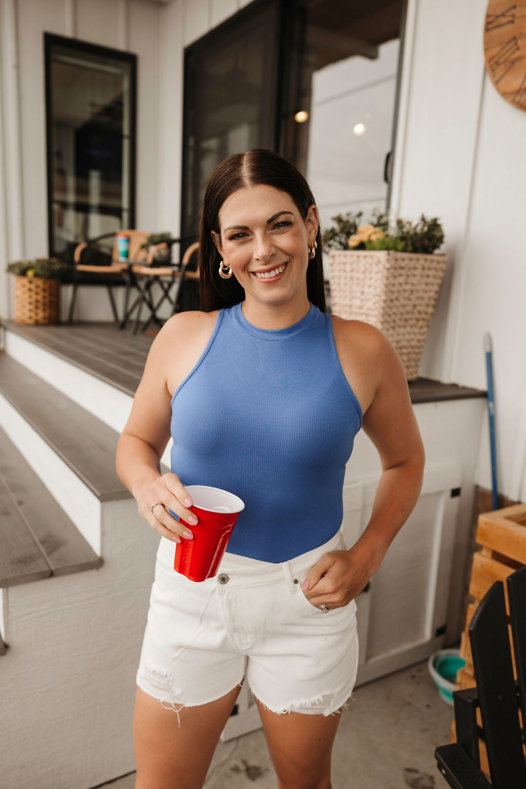 Blue Sleeveless Ribbed Bodysuit